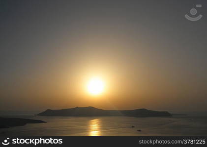 Sunset in Thira at Santorini island in Greece.