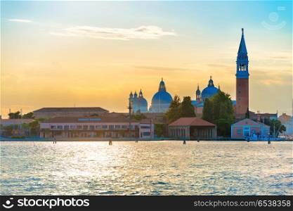Sunset in Venice. Sunset in Venice. View from the sea to Saint Mark square