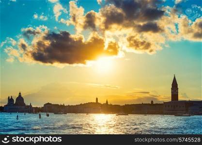 Sunset in Venice. View from the sea to Saint Mark square