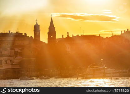 Sunset in Venice. View from the sea to Saint Mark square