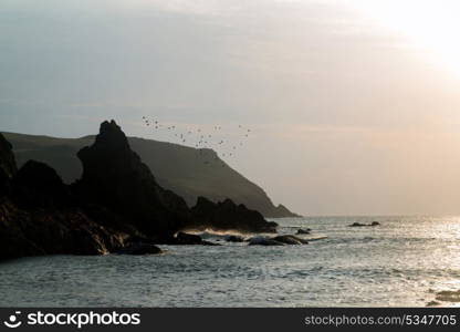 Sunset landscape seascape of rocky coastline at Hope Cove in England