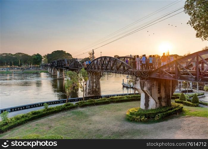Sunset landscape with railway bridge on river Kwai, Kanchanaburi, Thailand