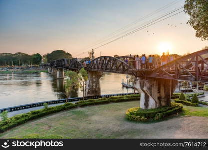 Sunset landscape with railway bridge on river Kwai, Kanchanaburi, Thailand