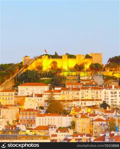 Sunset Lisbon panorama, Old Town and St. George&rsquo;s Castle aerial view, Portugal