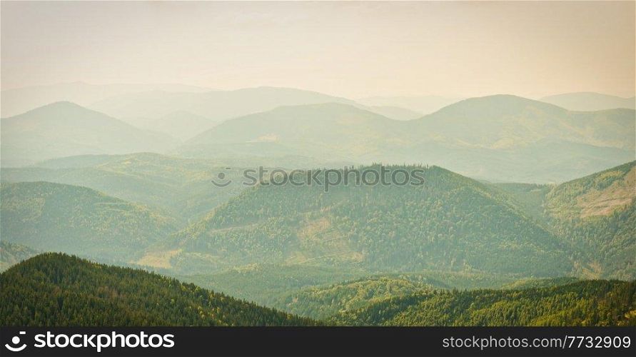 Sunset mist mountains landscape, panorama of morning mountains
