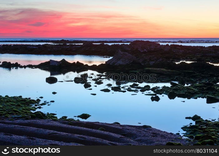 Sunset ocean coast view from beach (near Saint-Jean-de-Luz, France, Bay of Biscay).