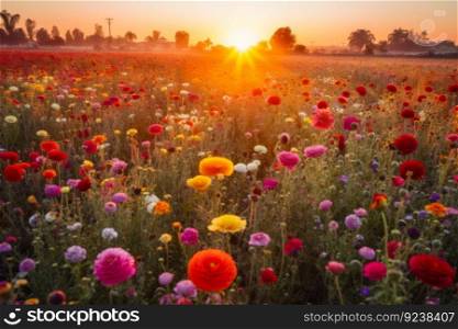 sunset on a sunny summer flower meadow generative ai.