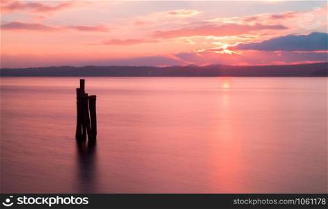 Sunset on Bracciano lake in Italy, long exposure