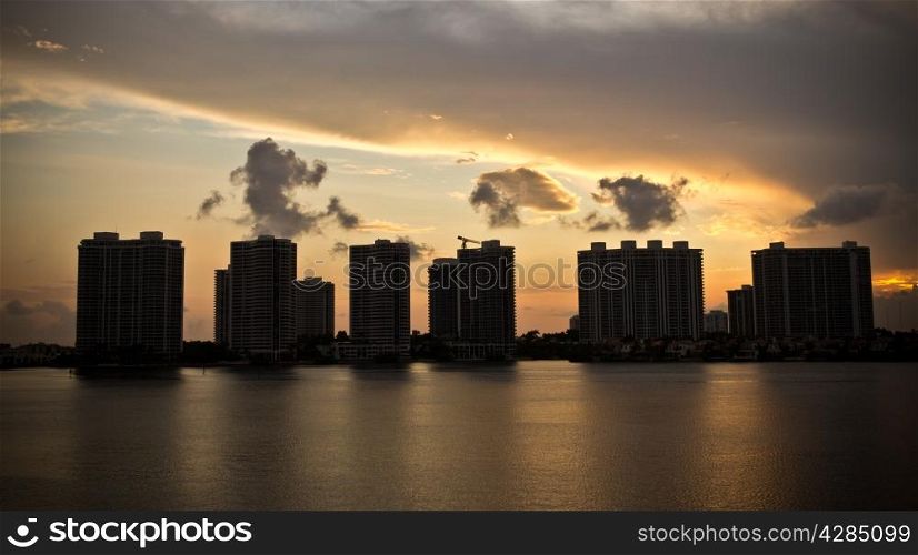 Sunset on condo buildings in Miami, Florida