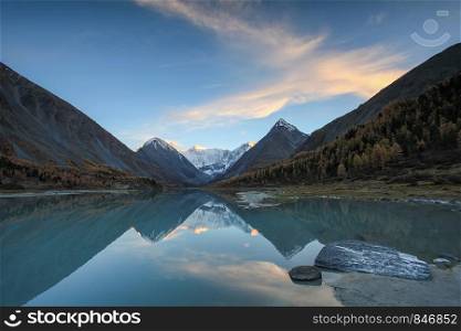 Sunset on Lake Akkemskoe with a View of the Belukha Mountain, Altai Republic, Russia
