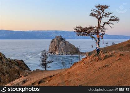 Sunset on Lake Baikal. Burkhan Cape, Olkhon island, Lake Baikal, Irkutsk region, Russia