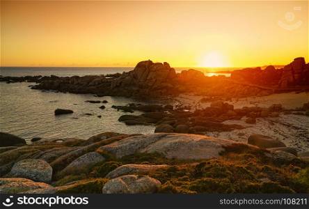 Sunset on the beautiful landscape of Galicia, coastline close to O Grove, Spain, Europe