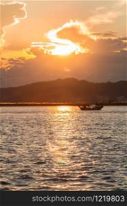 Sunset on the Irrawaddy River (Ayeyarwaddy River) in Bagan, Myanmar (Burma)