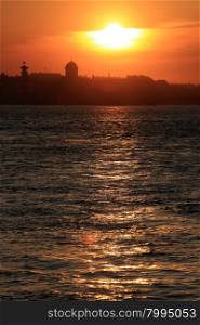 Sunset on the Neva River in St. Petersburg, Russia.