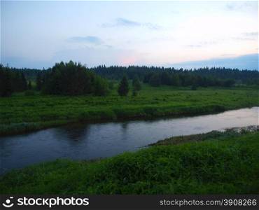 sunset on the river in the Ural