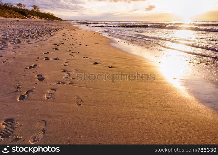 sunset on the seashore, footprints in the sand, sandy beach. footprints in the sand, sandy beach, sunset on the seashore