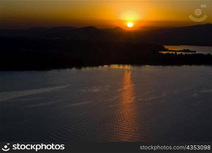 Sunset over a mountain range, Janitzio Island, Lake Patzcuaro, Morelia, Michoacan State, Mexico