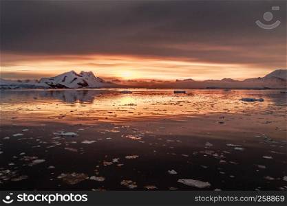 Sunset over antarctic lagoon with drifting icebergs and snow peaks in the background, Lemaire Channel, Antarctica
