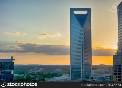 sunset over charlotte city skyline of north carolina