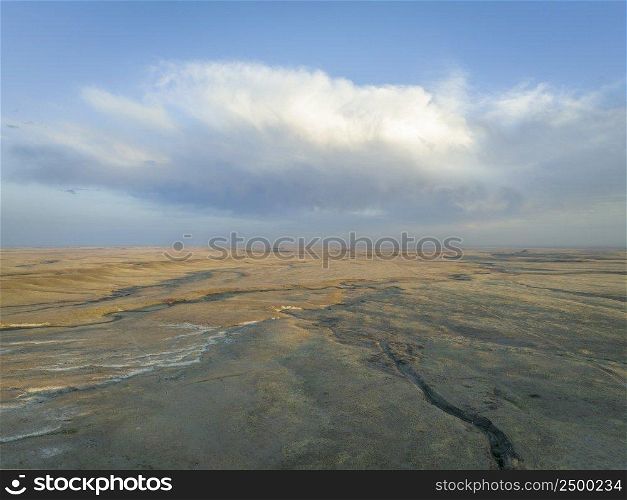 sunset over Colorado prairie - early spring aerial view