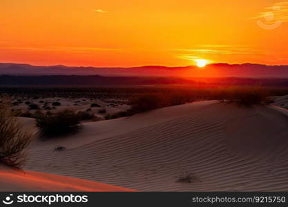 sunset over desert dunes, with a burst of orange and pink on the horizon, created with generative ai. sunset over desert dunes, with a burst of orange and pink on the horizon