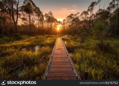 sunset over duckboards path in forest, created with generative ai. sunset over duckboards path in forest