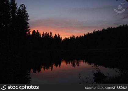 Sunset over lake and forest in Montana