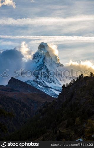 Sunset over mountain Matterhorn in Swiss Alps, Switzerland