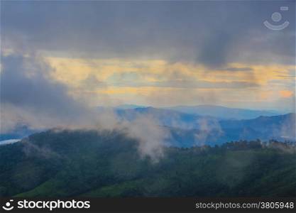 Sunset Over Mountain with Rain Forest