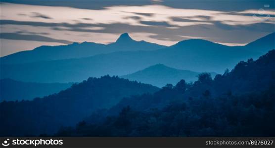 sunset over peaks on blue ridge mountains layers. sunset over peaks on blue ridge mountains layers range