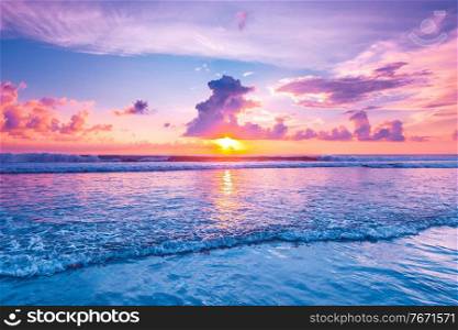 Sunset over sea on Bali, Seminyak, Double six beach. Sunset over sea on Bali