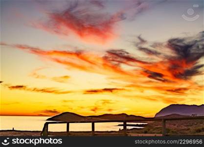 Sunset over sea. Seaside evening landscape. Calblanque Beach, Murcia Spain.. Sunset over sea, Calblanque beach, Spain