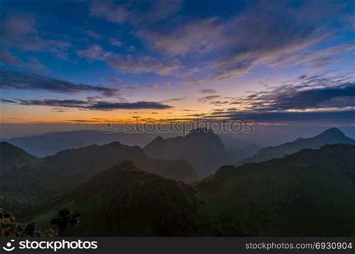 Sunset over the Chiang Dao mountain,famous mountains in Chiang Mai, Thailand.