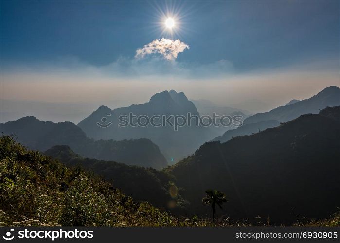 Sunset over the Chiang Dao mountain,famous mountains in Chiang Mai, Thailand.