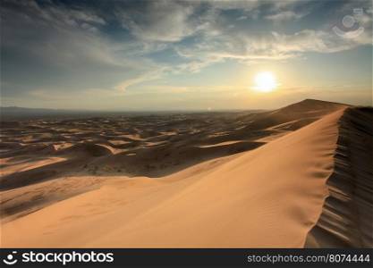 Sunset over the Gobi desert, dune Hongoryn, Mongolia.