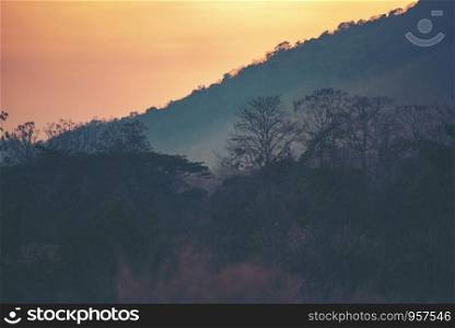 sunset over the mountain, nature landscape view, tropical forest