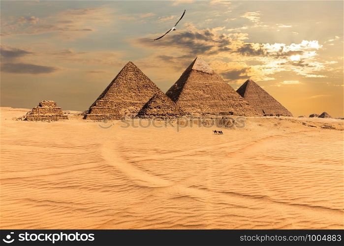 Sunset over the Pyramids of Giza, Egypt.. Sunset over the Pyramids of Giza, Egypt
