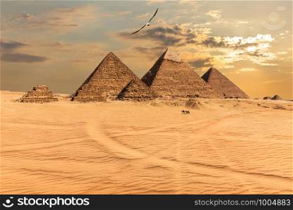 Sunset over the Pyramids of Giza, Egypt.. Sunset over the Pyramids of Giza, Egypt