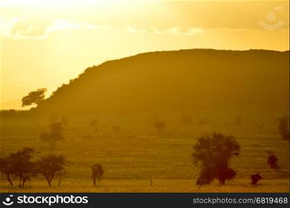 Sunset over the savanna . Sunset over the savanna of Tsavo West Park in Kenya