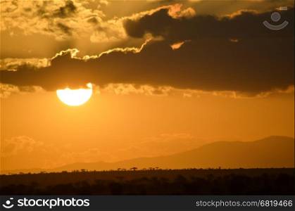 Sunset over the savanna . Sunset over the savanna of West Tsavo Park in Kenya