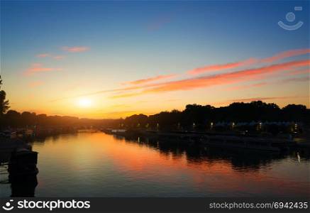 Sunset over the Seine River in Paris