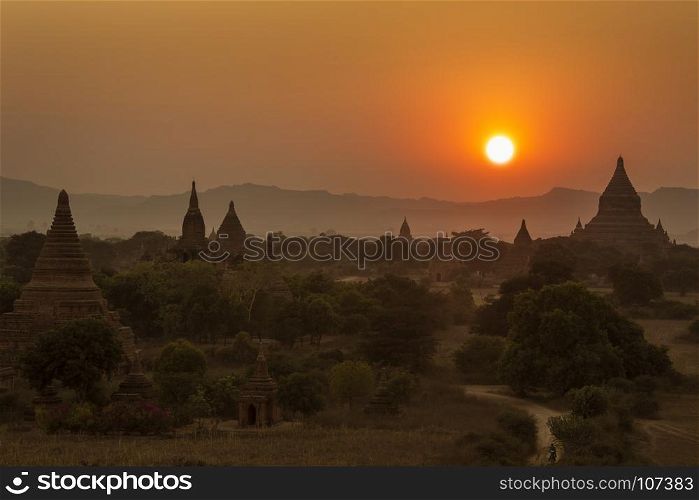 Sunset over the temples of the ancient city of Bagan in Myanmar (Burma).