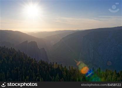 Sunset over Yosemite Valley on a smoky day