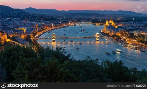 Sunset Panorama Budapest along Danube with Chain Bridge and Parliament Building. Sunset Budapest along Danube with Chain Bridge and Parliament Building