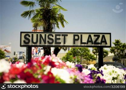 Sunset Plaza Sign erected in a flower bed, Los Angeles, California, USA