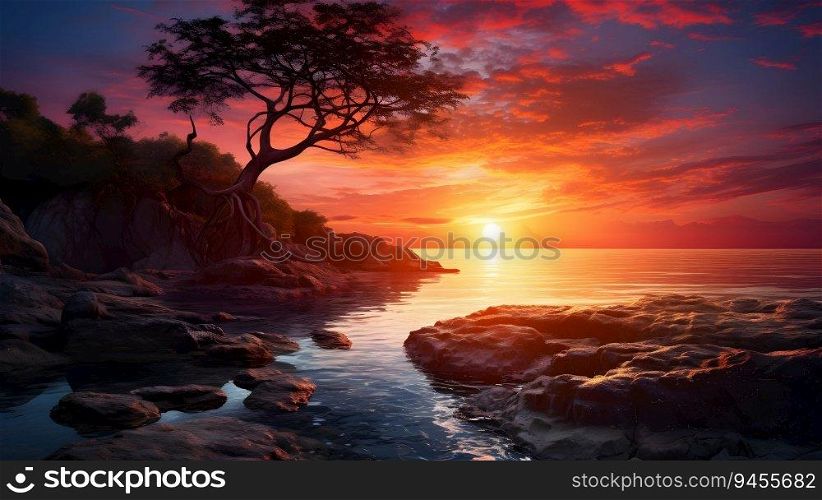 sunset rainforest panorama, jungle river with tropical vegetation in Colombia. Ai Generated. sunset rainforest panorama, jungle river with tropical vegetation in Colombia