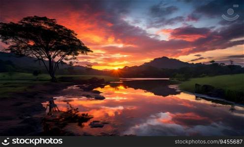 sunset rainforest panorama, jungle river with tropical vegetation in Colombia. Ai Generated. sunset rainforest panorama, jungle river with tropical vegetation in Colombia