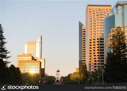 Sunset Reflects Off Buildings Downtown Sacramento California Capital