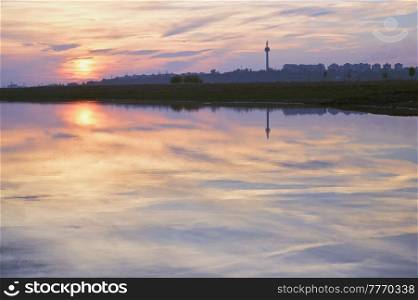 Sunset reflexion on Danube river in Galati, Romania