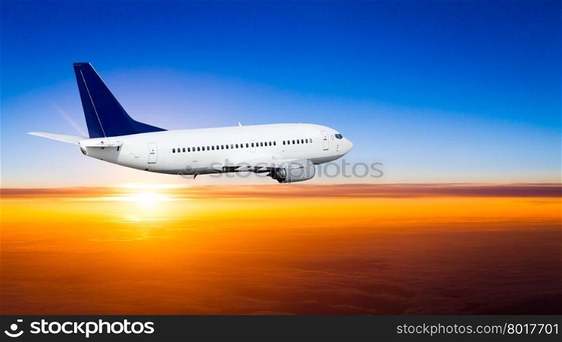 Sunset scene. Aircraft Sunset. airplane at sunset